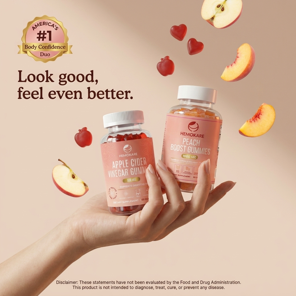 Two bottles of Hemokare brand gummies, Apple Cider Vinegar and Peach Boost, displayed with text and loose gummies.
