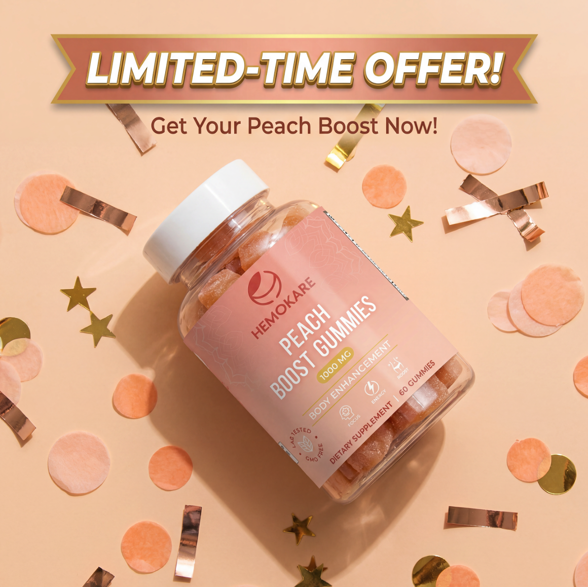 A bottle of Hemokare Peach Boost Gummies on a peach background with celebratory confetti and a limited-time offer banner.