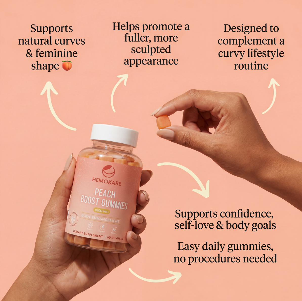 A promotional image of a person holding a bottle of Hemokare Peach Boost Gummies and one gummy.