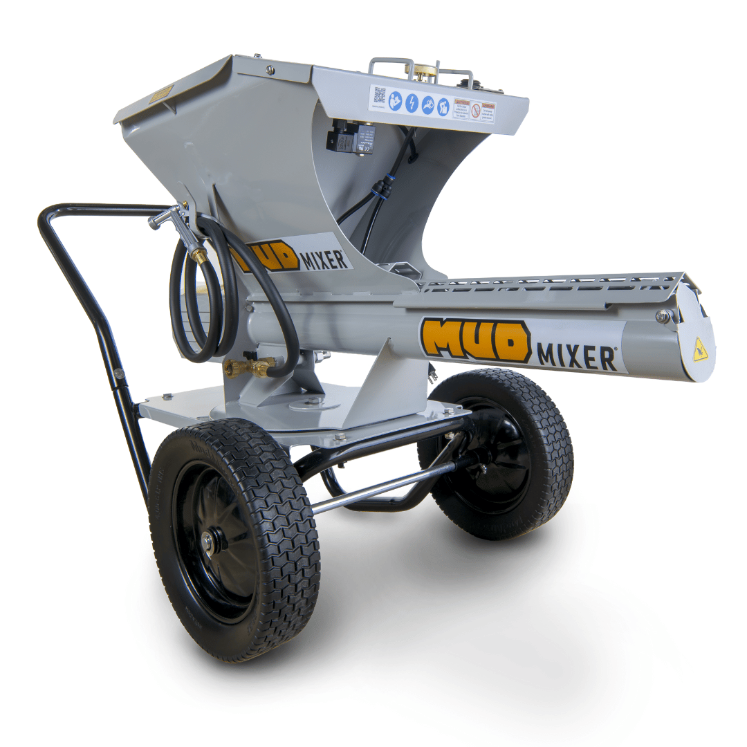 A wheeled mud mixer with a metal frame and large tires.