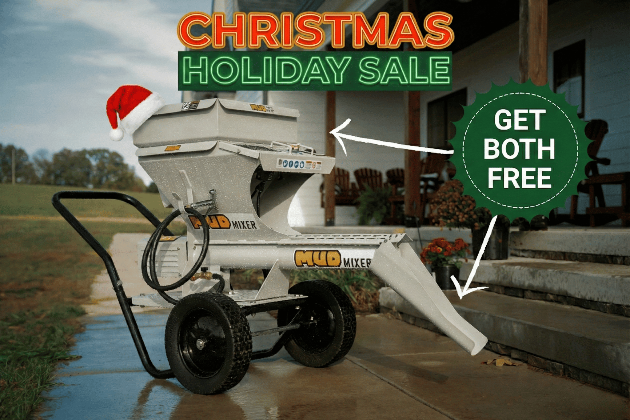 Mud mixer with Christmas sale sign and Santa hat on top.
