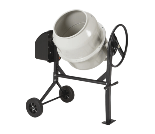 Portable cement mixer with a rotating drum and wheels.