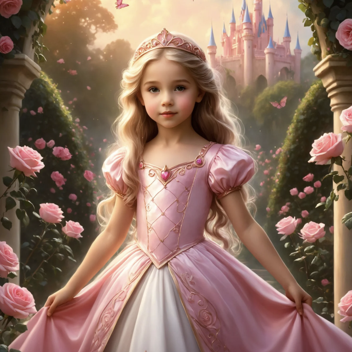 A young girl in a pink princess dress stands in a rose garden with a castle in the background.