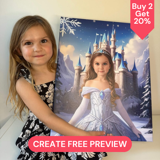 A young girl holding a portrait of herself as a princess in front of a castle.
