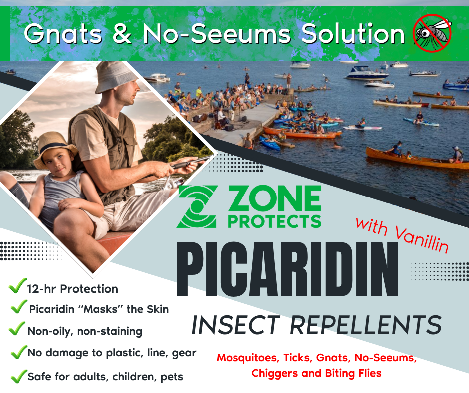 An advertisement for Zone Protects Picaridin insect repellent, featuring images of people fishing and boating outdoors.