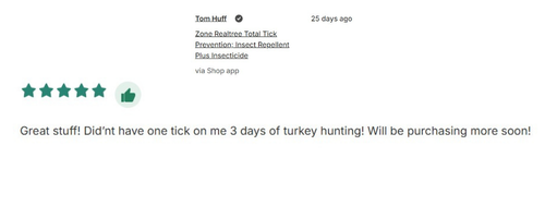 A screenshot of a 5-star customer review for Zone Realtree Total Tick Prevention insect repellent.