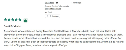 A screenshot of a five-star customer review for Realtree Outfitter's Permethrin Spray, titled 'Great Products'.