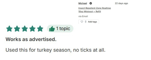 A 5-star product review by Michael for an insect repellent, titled 'Works as advertised.'