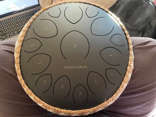 A black panda drum with numbered sections, resting on a person's lap.