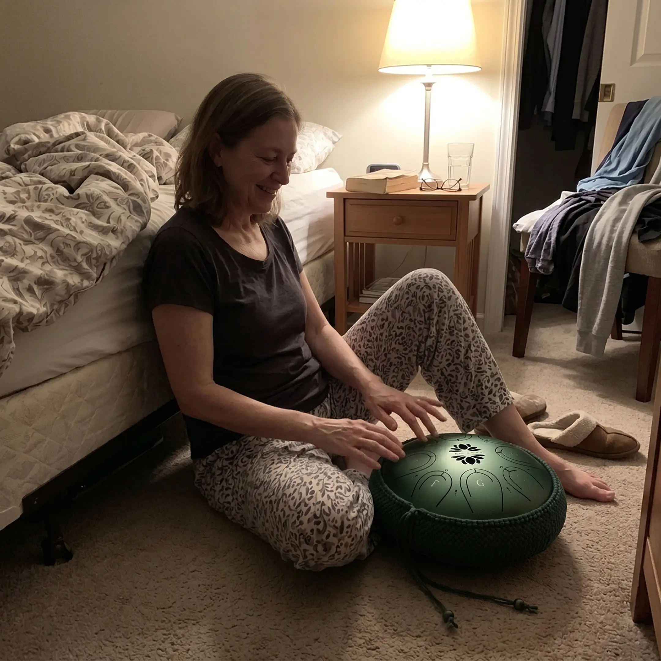 A woman in pajamas sits on a bedroom floor, playing a green steel tongue drum with her hands.