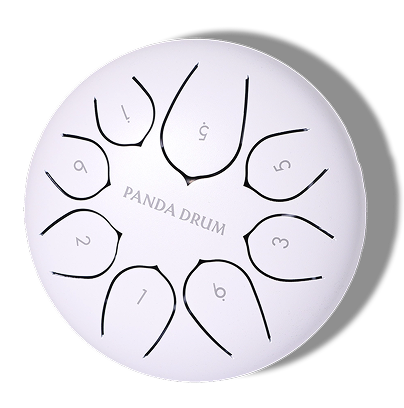 White steel tongue drum with numbers and 'Panda Drum' text.