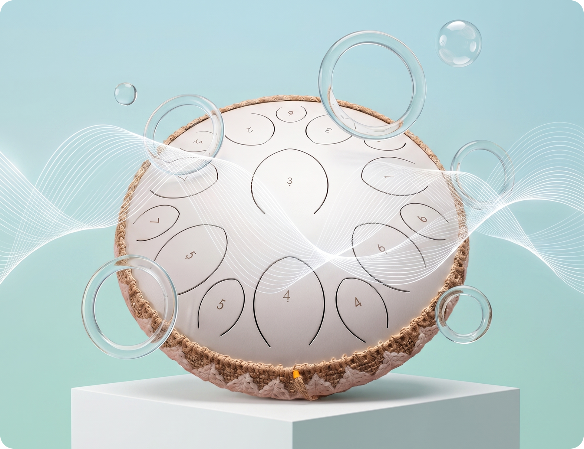A white steel tongue drum on a pedestal with decorative rope trim, surrounded by bubbles and rings.