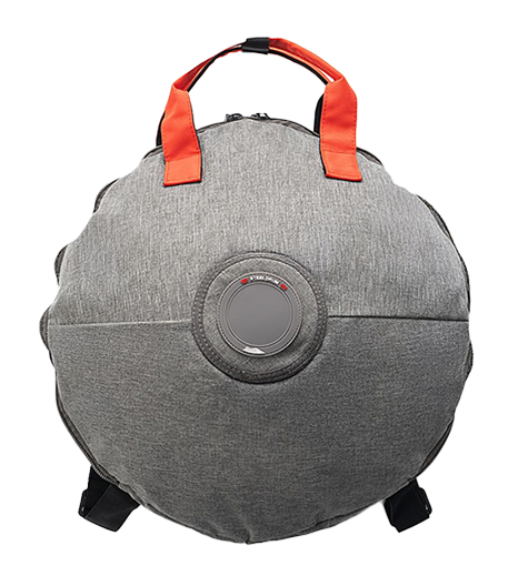 A grey, round backpack with orange handles, designed to look like the Death Star from Star Wars.