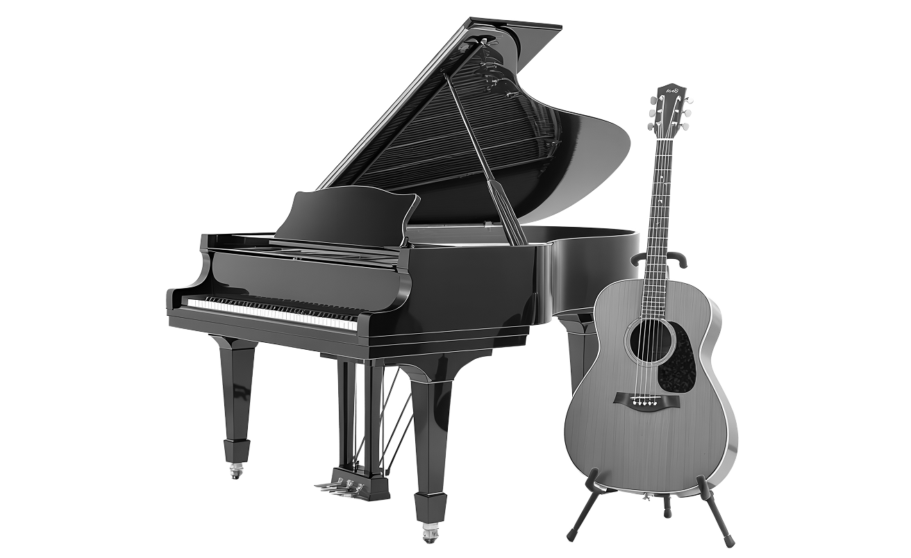 Black grand piano and acoustic guitar on a white background.