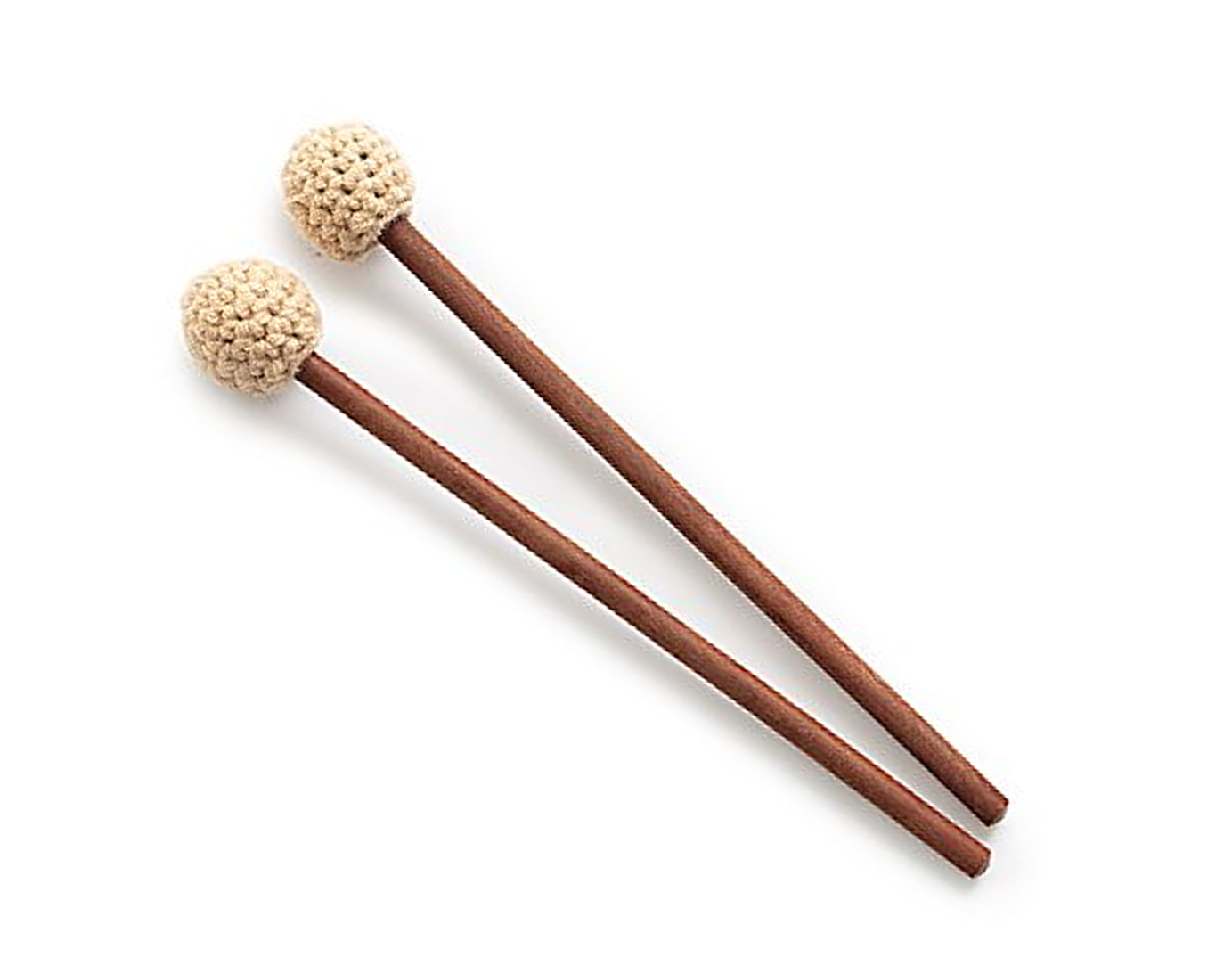 Two brown drumsticks with beige woven heads on a white background.