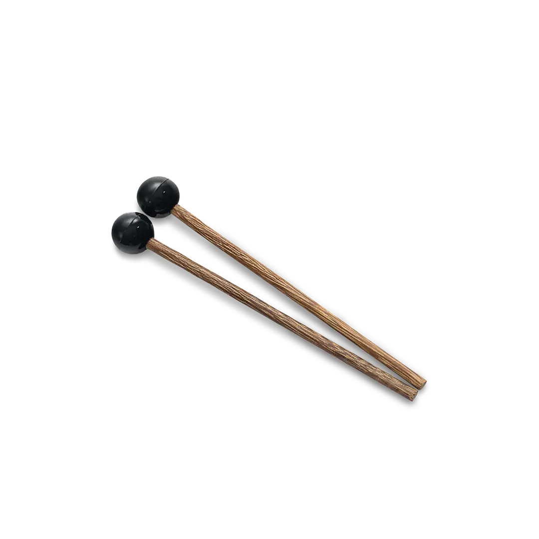 A pair of mallets with round black heads and textured wooden handles, shown against a white background.