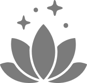 Gray lotus flower icon with three sparkles above it.