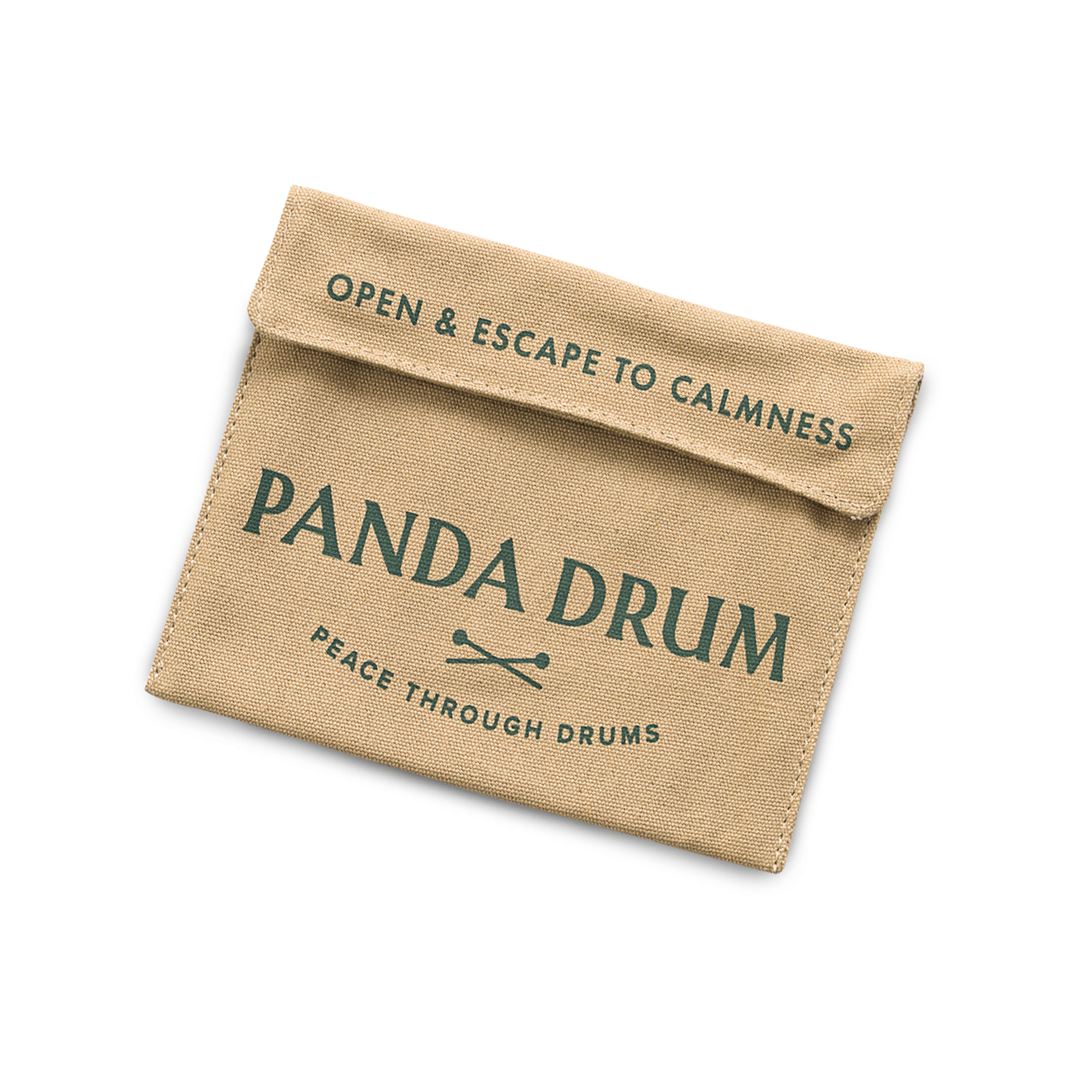 A tan canvas pouch with the brand name 'Panda Drum' printed in green on a white background.