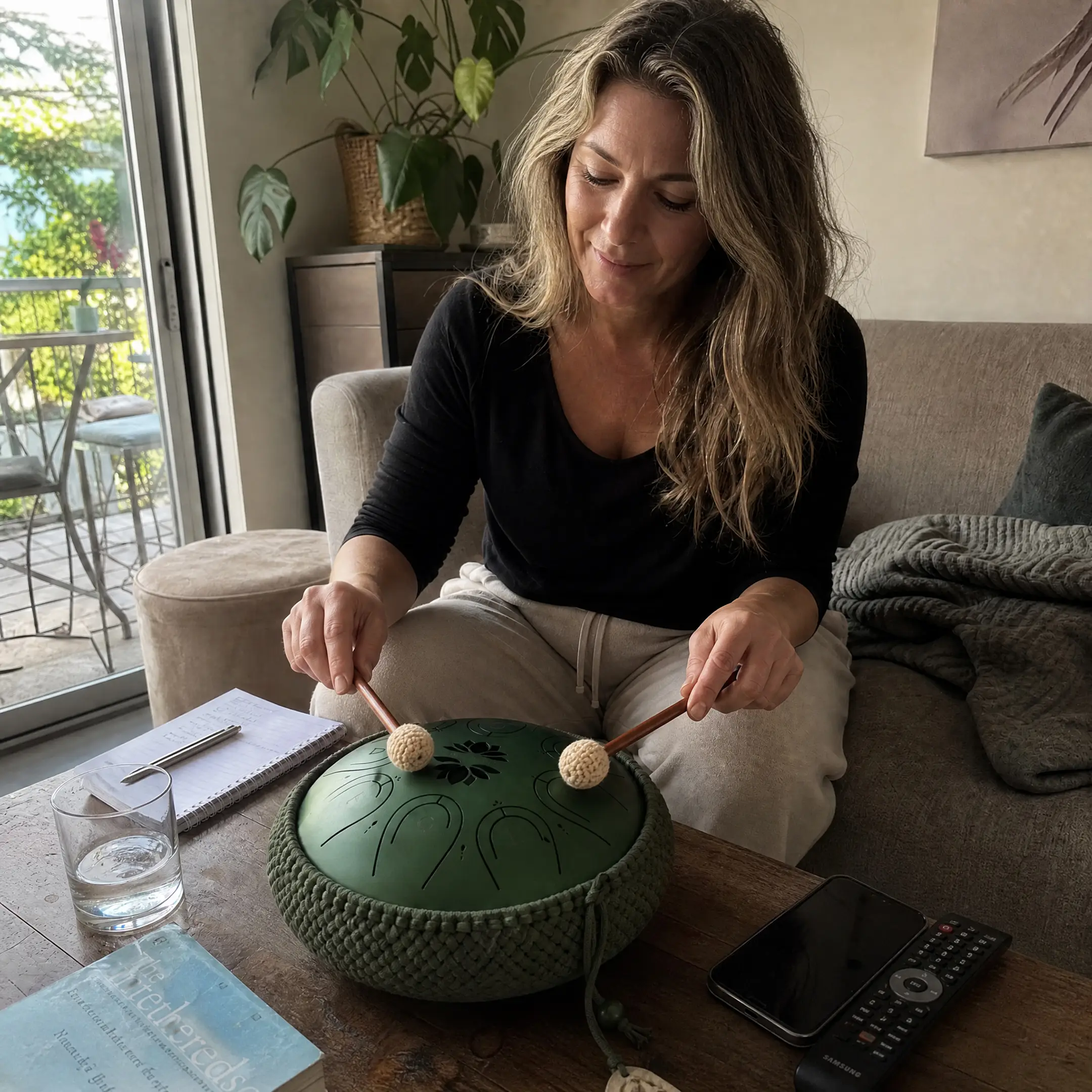 A woman sits on a couch, playing a green steel tongue drum with mallets on a coffee table.