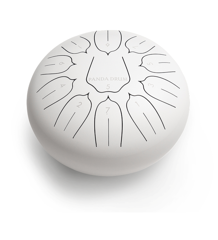 A white, round steel tongue drum with the words 'Panda Drum' in the center, on a black background.