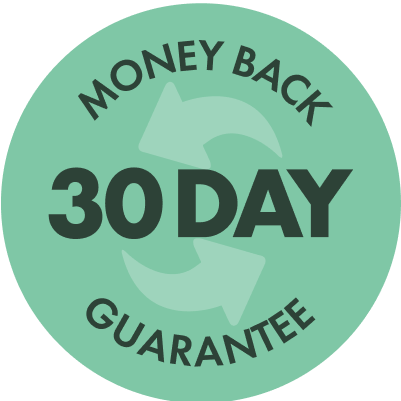 Green circle with '30 Day Money Back Guarantee' text and arrows.