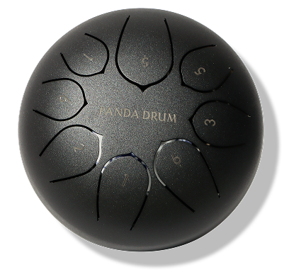 Black steel tongue drum with numbers and 'Panda Drum' text.