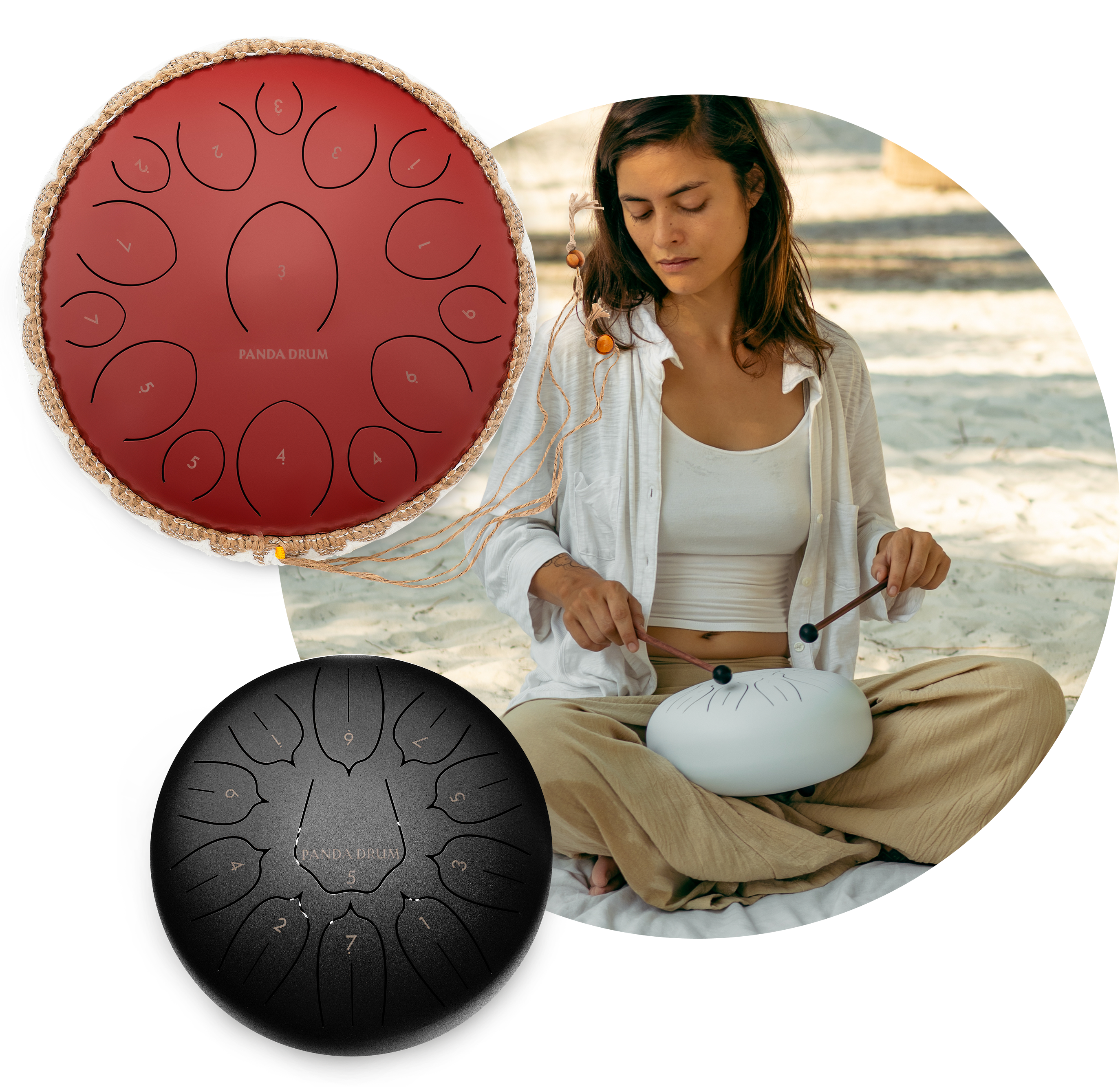 Woman playing a white steel tongue drum on a beach.
