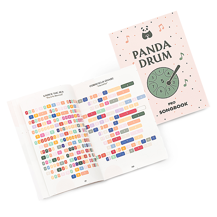 Open songbook with colorful musical notes and a closed cover titled 'Panda Drum.'