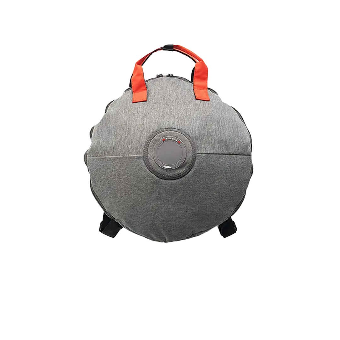 A round, grey backpack with orange handles, designed to look like the Death Star from Star Wars.
