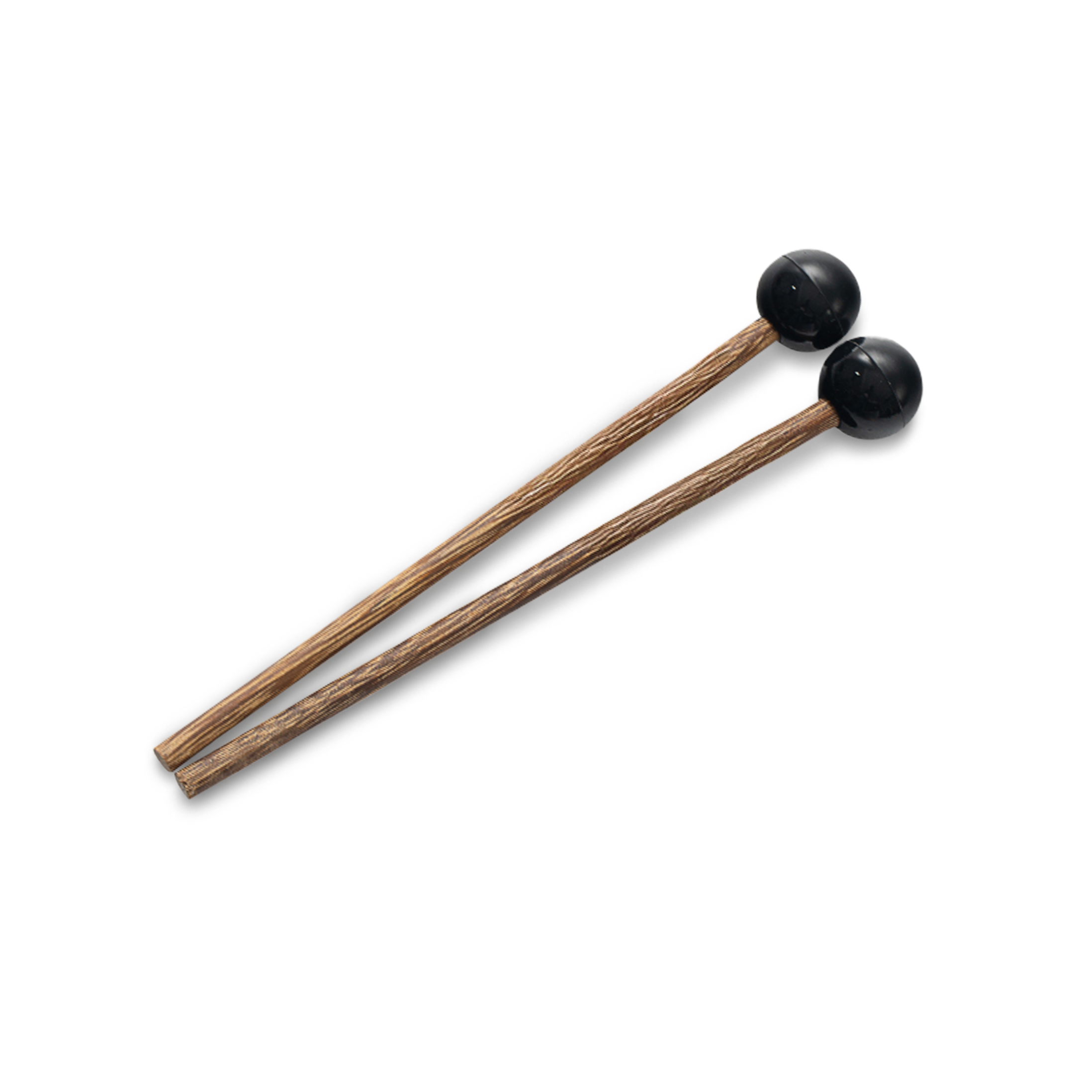 A pair of wooden mallets with round black heads, resting on a white surface.