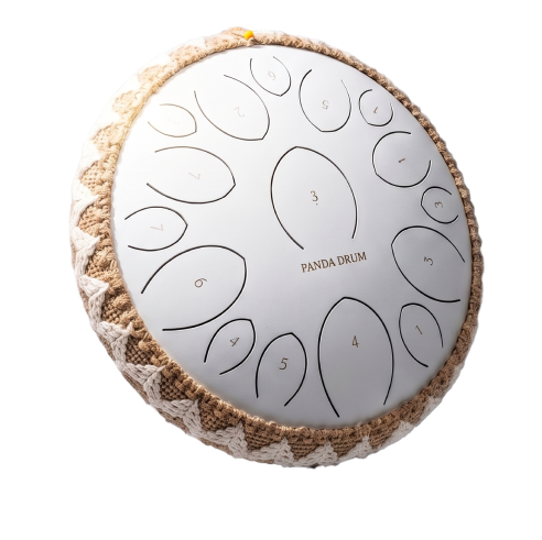 A white steel tongue drum labeled 'PANDA DRUM' with a decorative woven border, on a white background.
