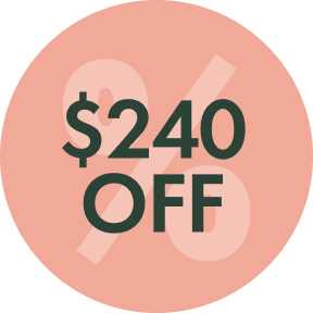 Circular badge with '$240 OFF' text on a peach background.