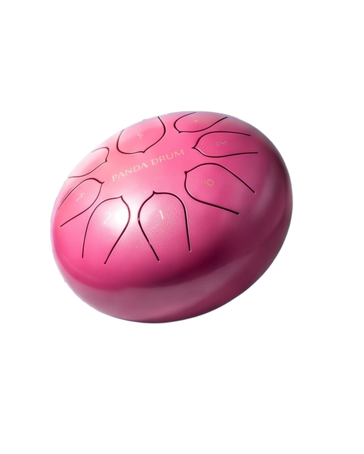 A metallic pink, round Panda Drum with numbered tongues against a white background.