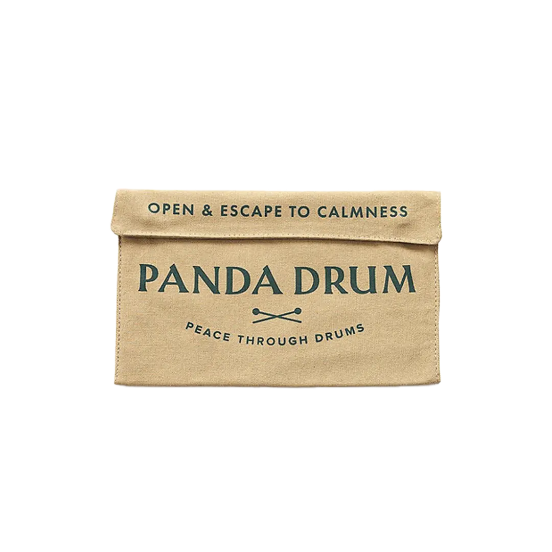 A tan canvas pouch with 'PANDA DRUM' and 'PEACE THROUGH DRUMS' printed in dark green text.