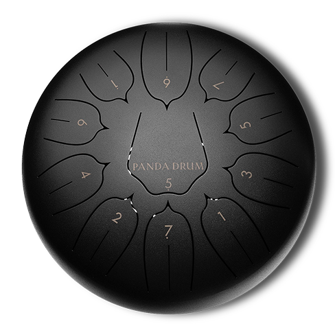 Black steel tongue drum with numbered petals and 'Panda Drum' text.