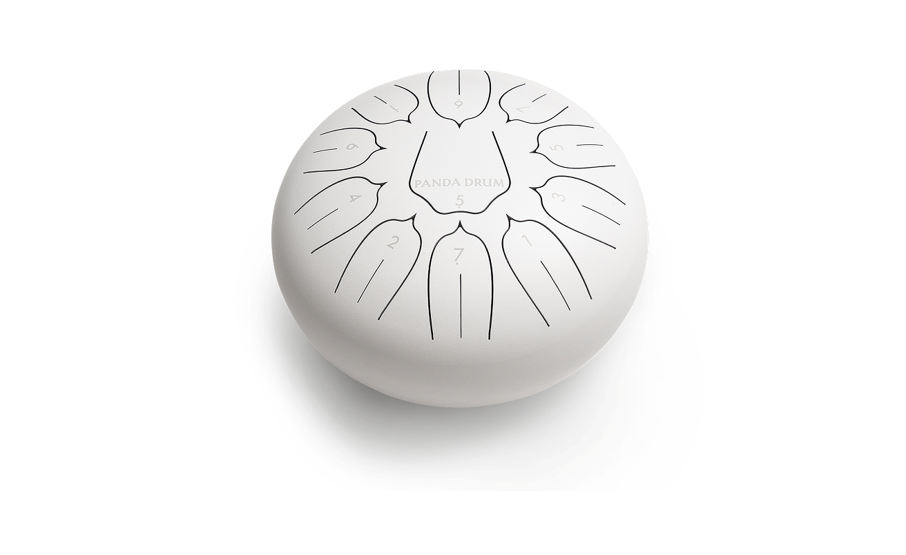 White steel tongue drum with numbered sections and 'Panda Drum' text.