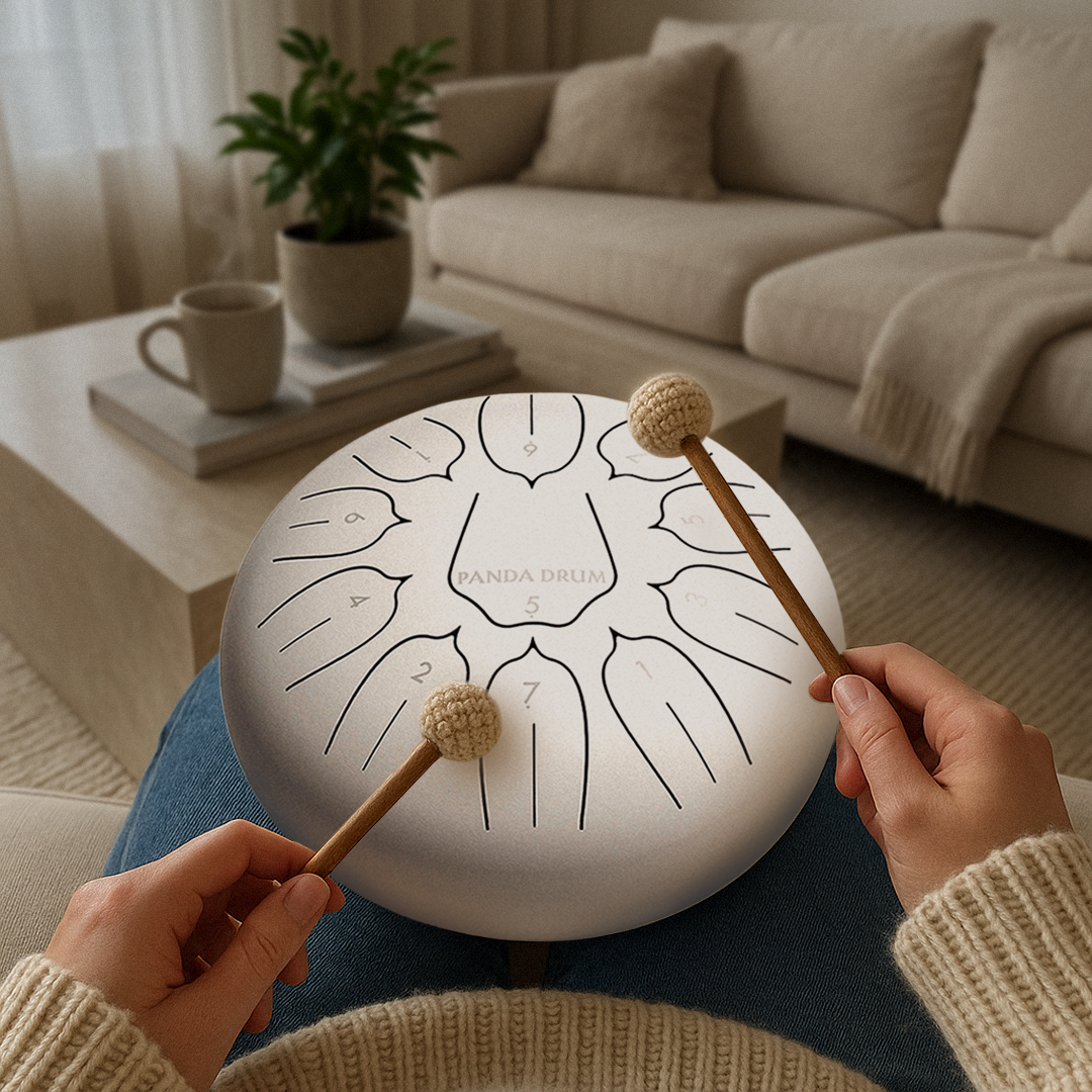 Person playing a panda drum with mallets in a cozy living room.