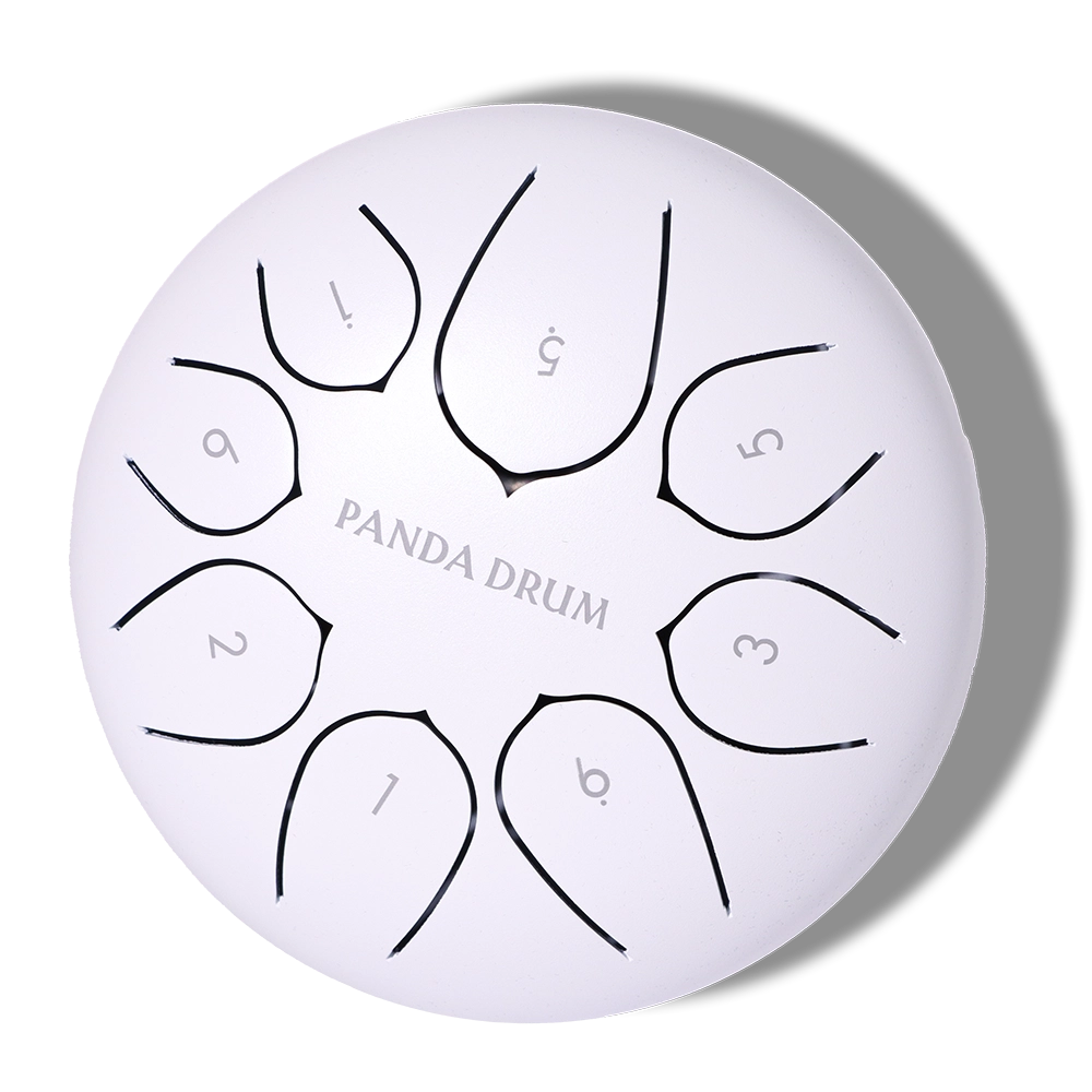 A top-down view of a white steel tongue drum branded 'Panda Drum' with numbered tongues.