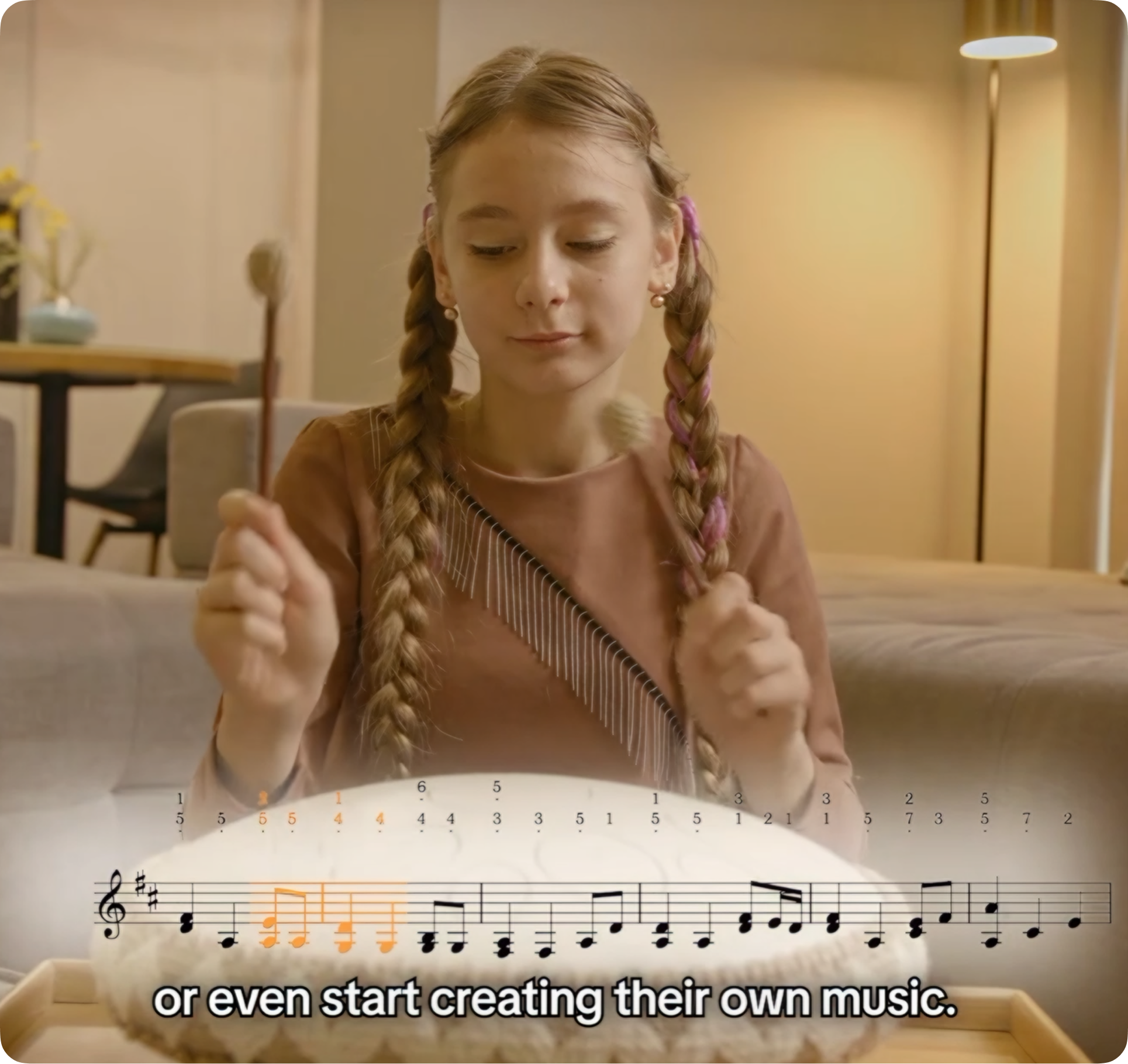 A young girl with braids plays a small percussion instrument, with an overlay of sheet music.