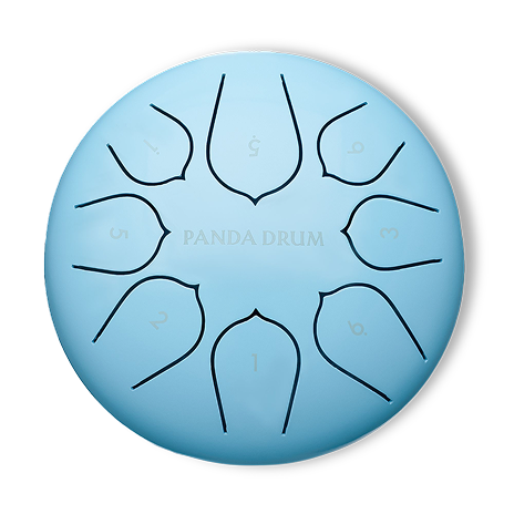 Blue steel tongue drum with numbers and 'Panda Drum' text.