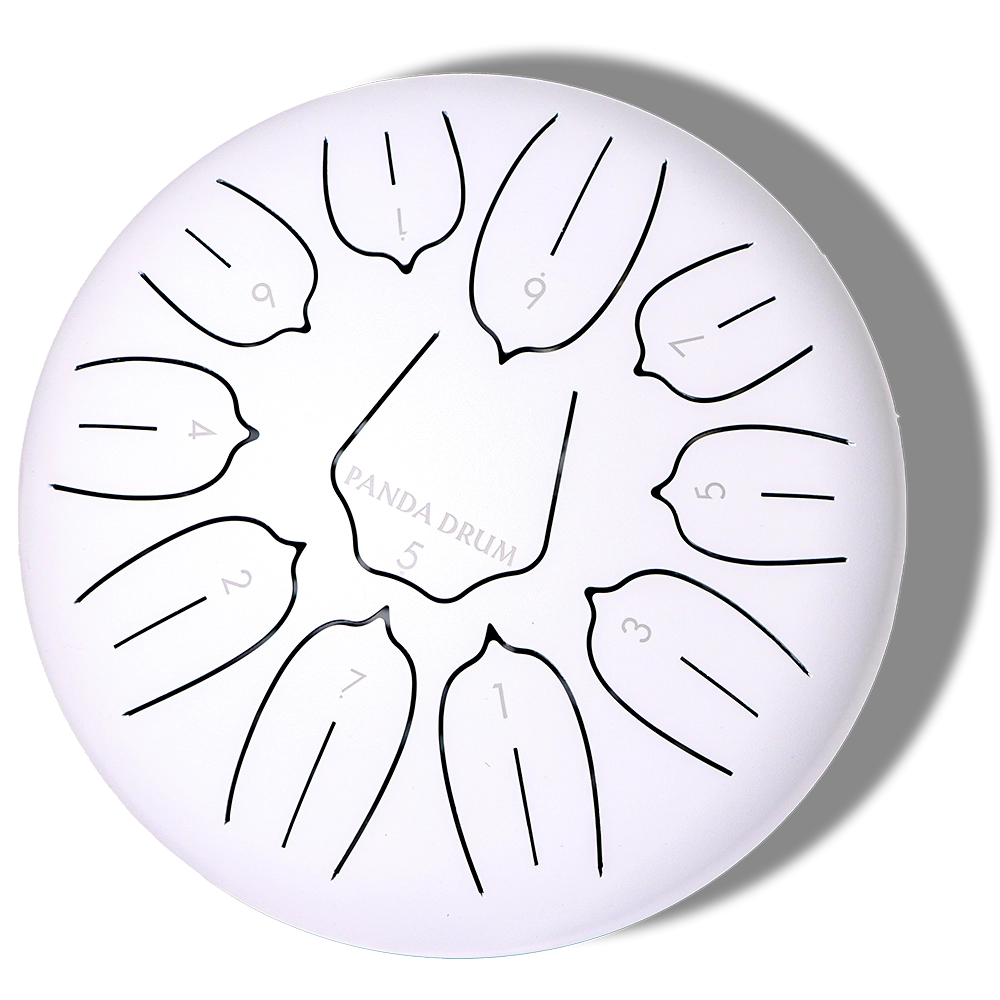 A top-down view of a white steel tongue drum, with numbered tongues and 'PANDA DRUM' in the center.