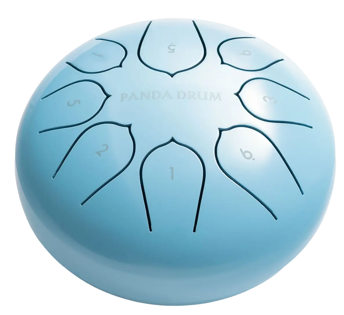 A light blue, spherical Panda Drum with numbered tongues, shown against a white background.