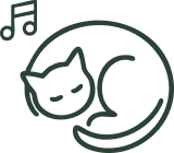 Outline of a sleeping cat with a musical note above.