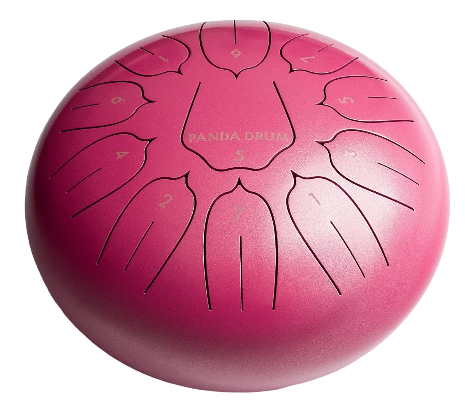 A pink, spherical steel tongue drum labeled 'PANDA DRUM' with numbered tongues, on a white background.