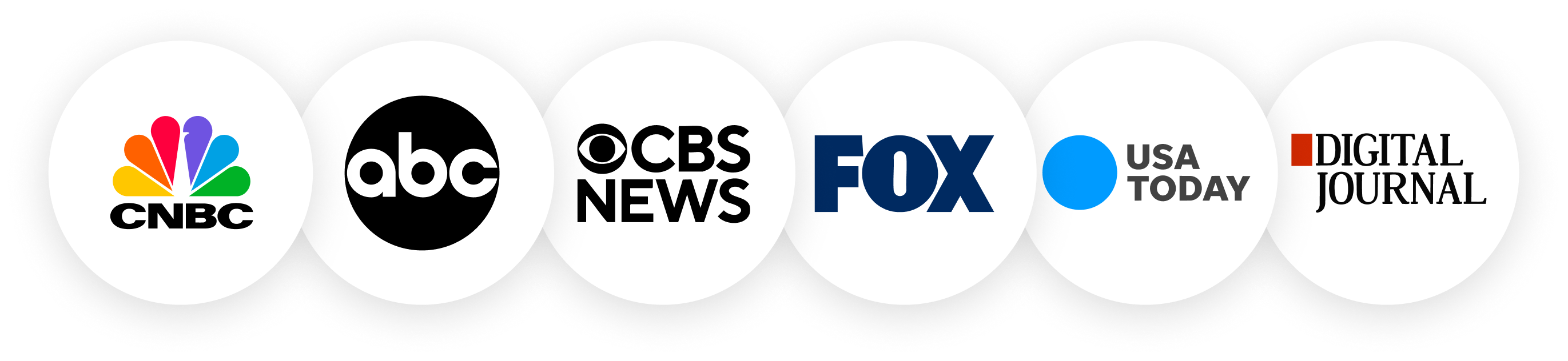 Logos for CNBC, ABC, CBS News, FOX, USA Today, and Digital Journal in white circles.