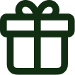 A dark green icon of a gift box with a ribbon and bow on top.