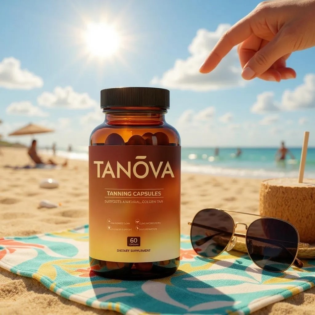 Bottle of tanning capsules on a beach towel with sunglasses and coconut.