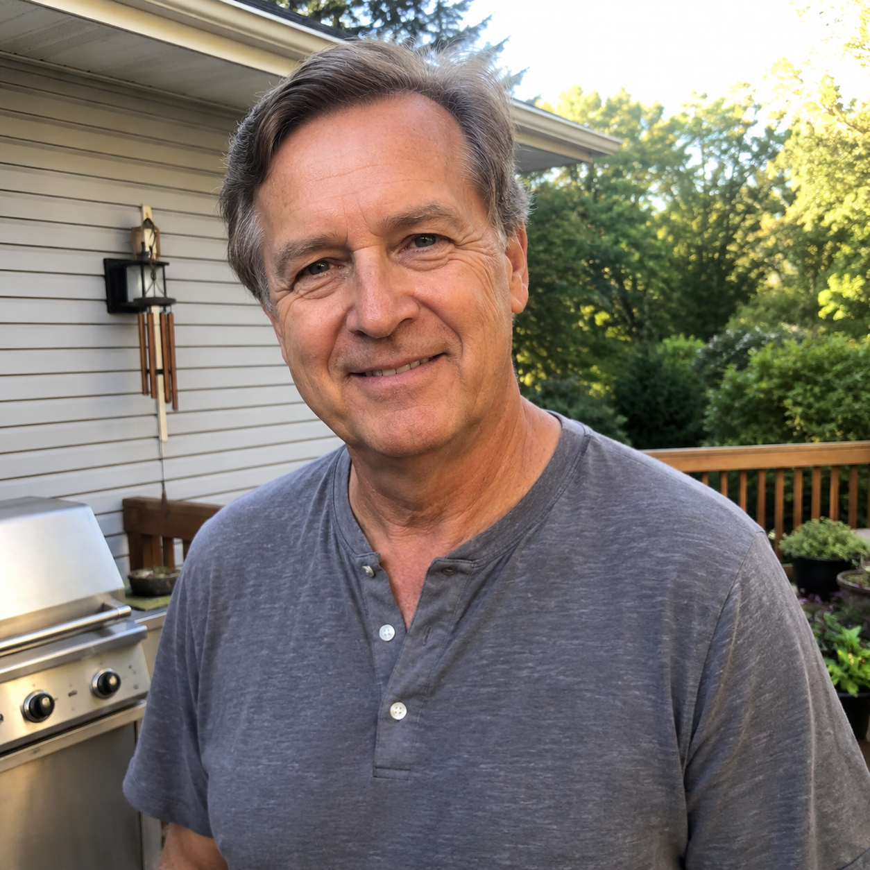 A smiling, middle-aged man in a gray shirt standing on a deck next to a grill.