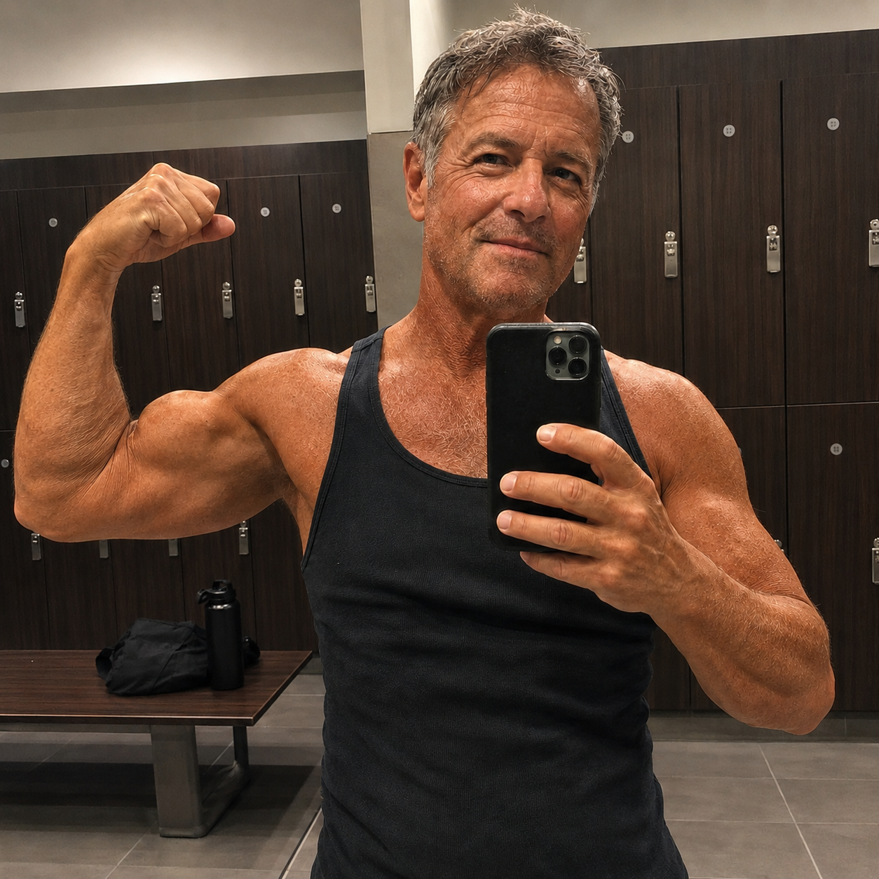 A muscular man in a black tank top flexes his bicep for a selfie in a gym locker room.