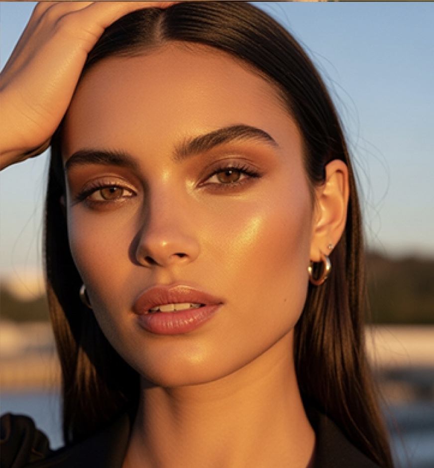 Close-up of a woman with long hair and hoop earrings in sunlight.